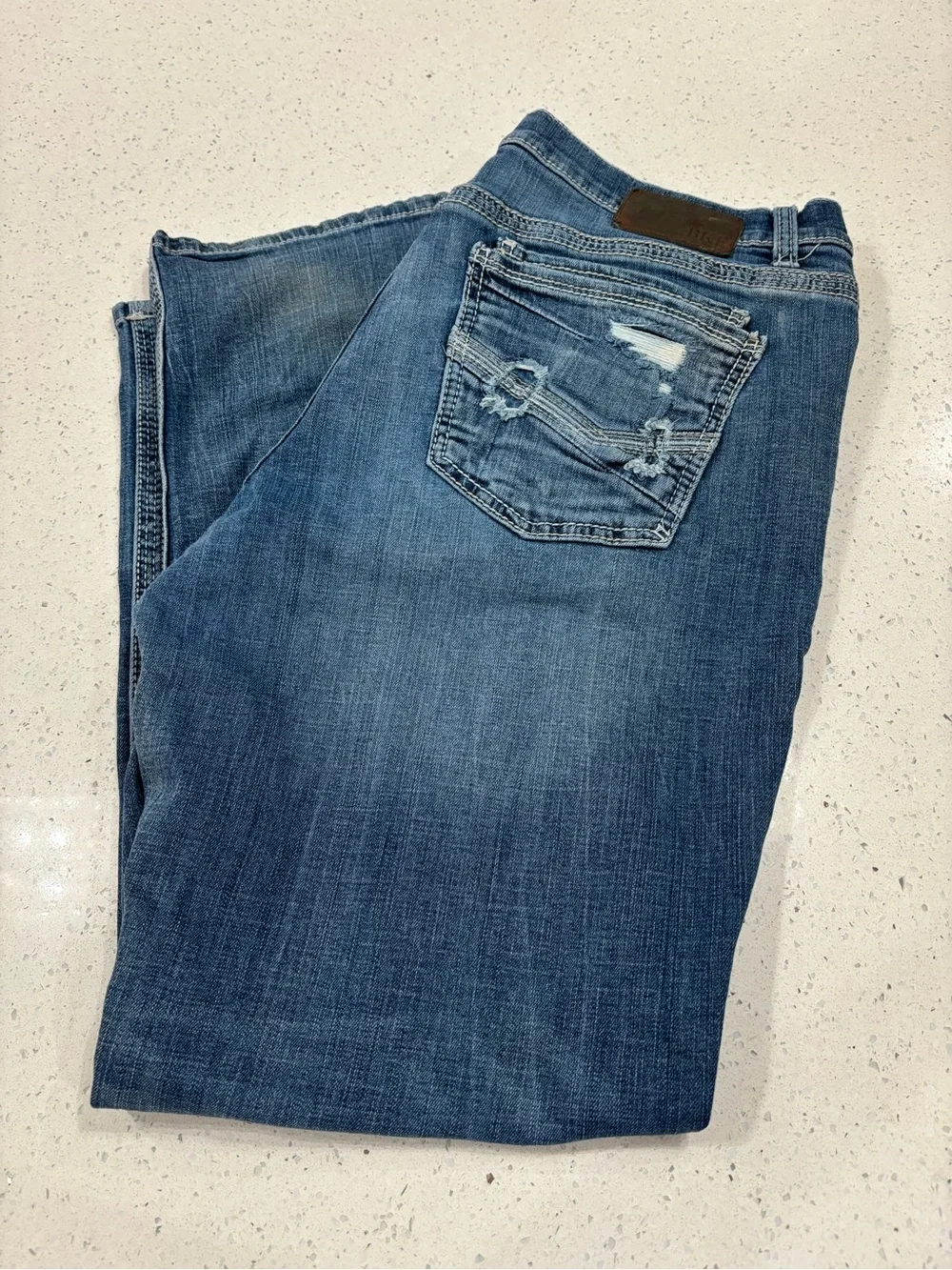 BKE Men's Blue Straight-Leg Jeans with Back Pocket Distress